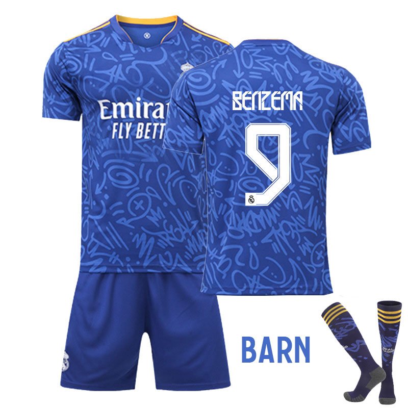 Benzema 9 Real Madrid Bortedraktsett Barn 2021/22 Kortermet + Korte bukser