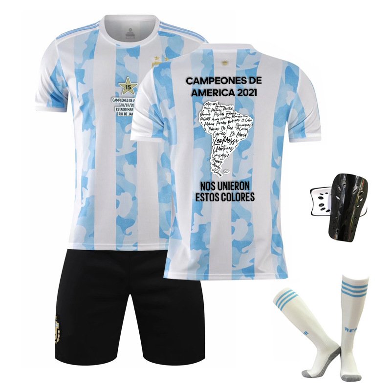 2021 Copa América Final Winner Argentina Blå Hvit Hjemmedrakt Kortermet + Korte bukser