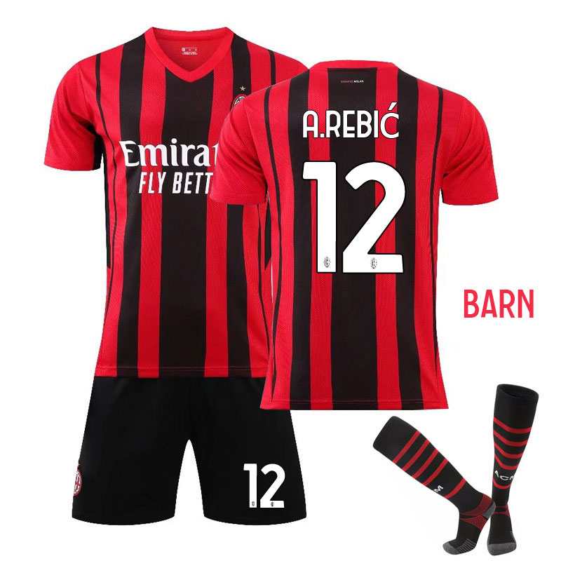 A.Rebić 12 AC Milan Rød Sort Hjemmedrakt 2021/22 Barn Kortermet + Korte bukser