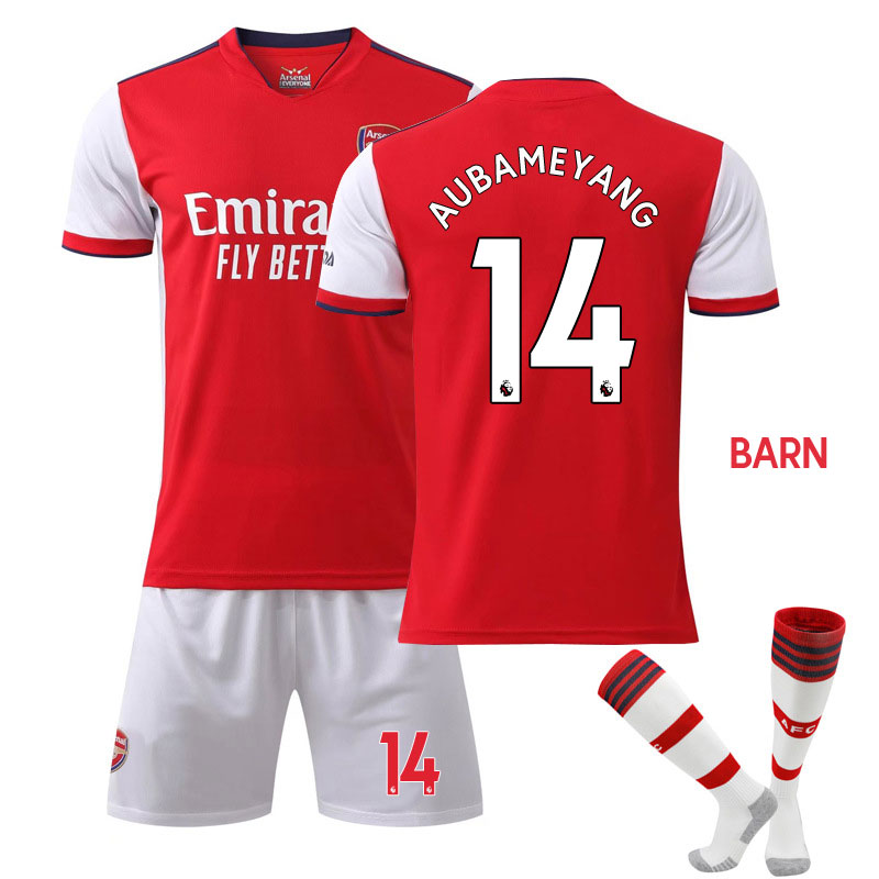 Aubameyang 14 Arsenal Hjemmedraktsett Barn 2021/22 Rød Kortermet + Hvit Korte bukser