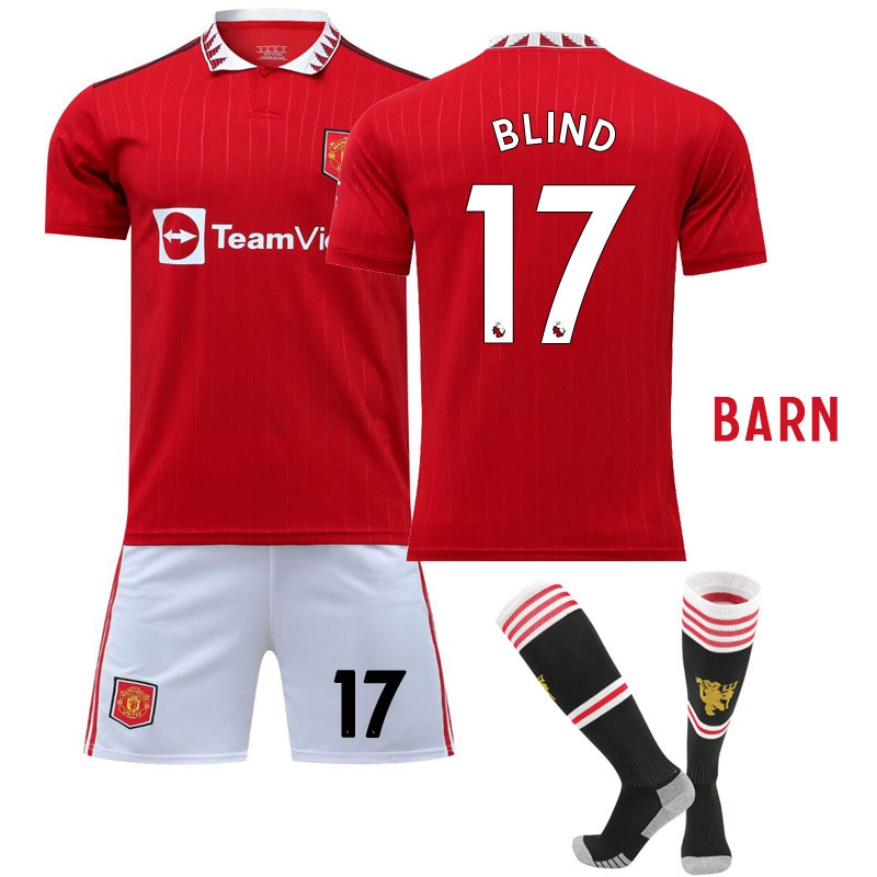 BLIND 17 Manchester United Hjemmedraktsett til barn 2022-23 Kortermet + Korte bukser
