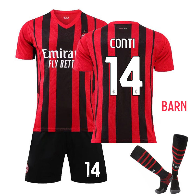 Conti 14 AC Milan Rød Sort Hjemmedrakt 2021-22 Barn Kortermet + Korte bukser