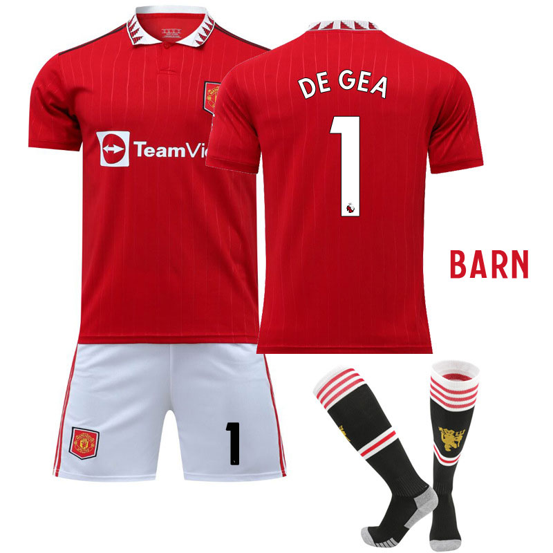 DE GEA 1 Manchester United Hjemmedraktsett til barn 2022-23 Kortermet + Korte bukser