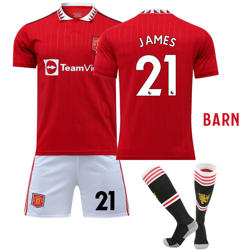 James 21 Manchester United Hjemmedraktsett til barn 2022-23 Kortermet + Korte bukser