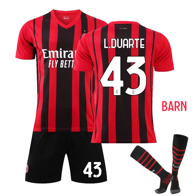 L.Duarte 43 AC Milan Rød Sort Hjemmedrakt 2021-22 Barn Kortermet + Korte bukser