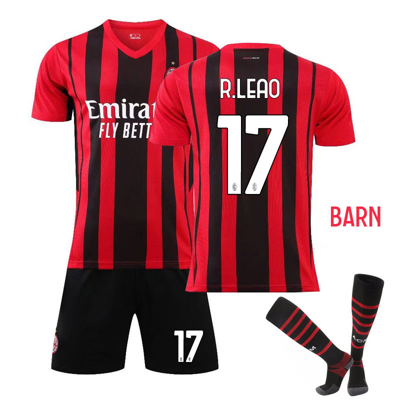 Leão 17 AC Milan Rød Sort Hjemmedrakt 2021-22 Barn Kortermet + Korte bukser