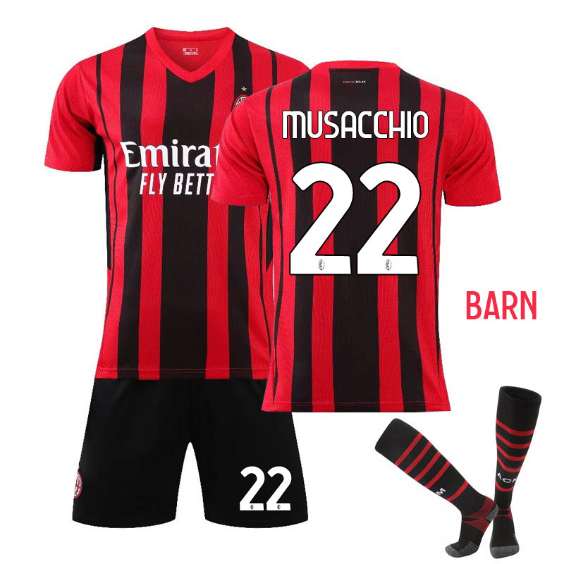 Musacchio 22 AC Milan Rød Sort Hjemmedrakt 2021-22 Barn Kortermet + Korte bukser