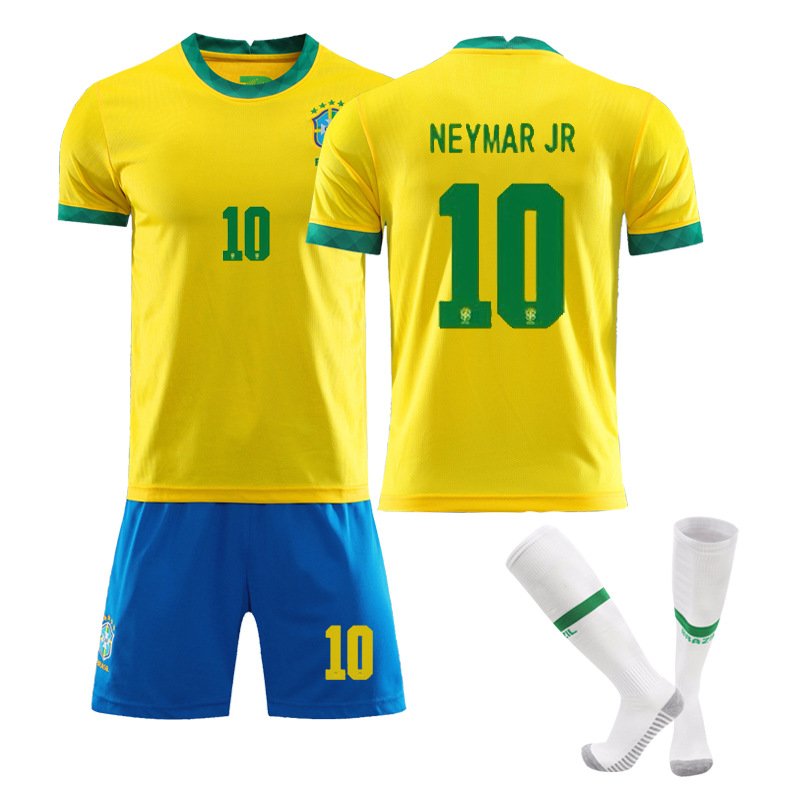 Neymar JR 10 Brasil Hjemmedrakt 2020-21 Gul Kortermet + Blå Korte bukser