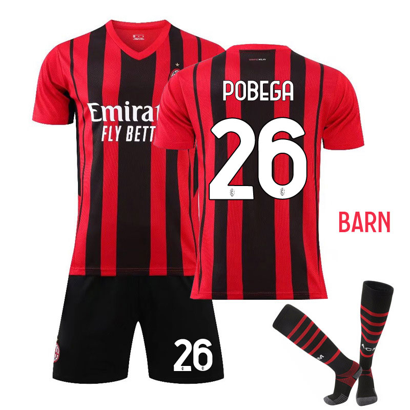 Pobega 26 AC Milan Rød Sort Hjemmedrakt 2021-22 Barn Kortermet + Korte bukser