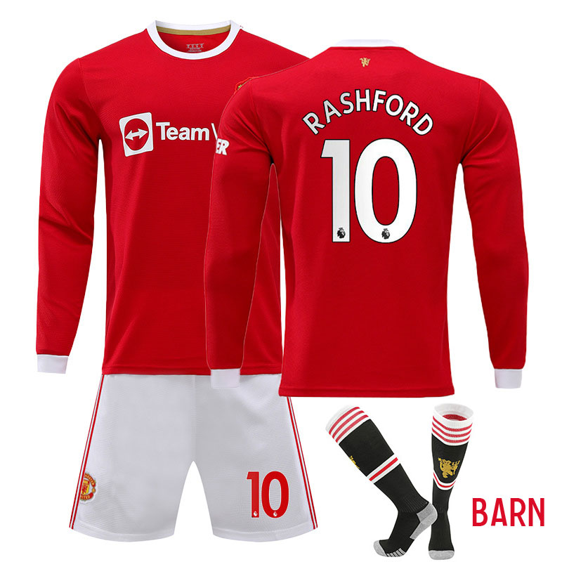 Rashford 10 Manchester United 2021/22 Hjemmedraktsett Barn Langermet + Korte bukser