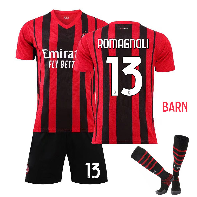 Romagnoli 13 AC Milan Rød Sort Hjemmedrakt 2021-22 Barn Kortermet + Korte bukser