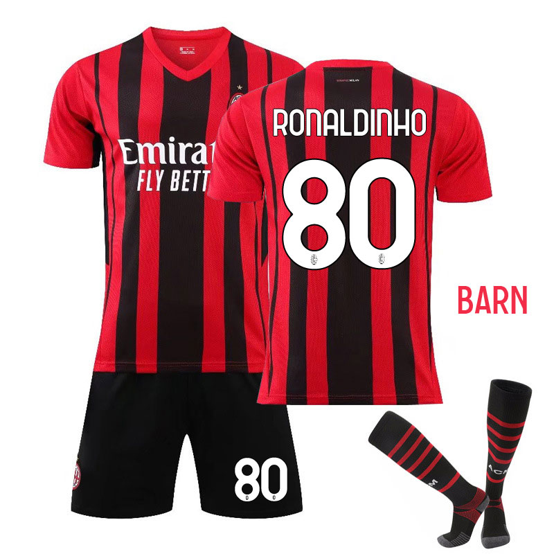 Ronaldinho 80 AC Milan Rød Sort Hjemmedrakt 2021-22 Barn Kortermet + Korte bukser