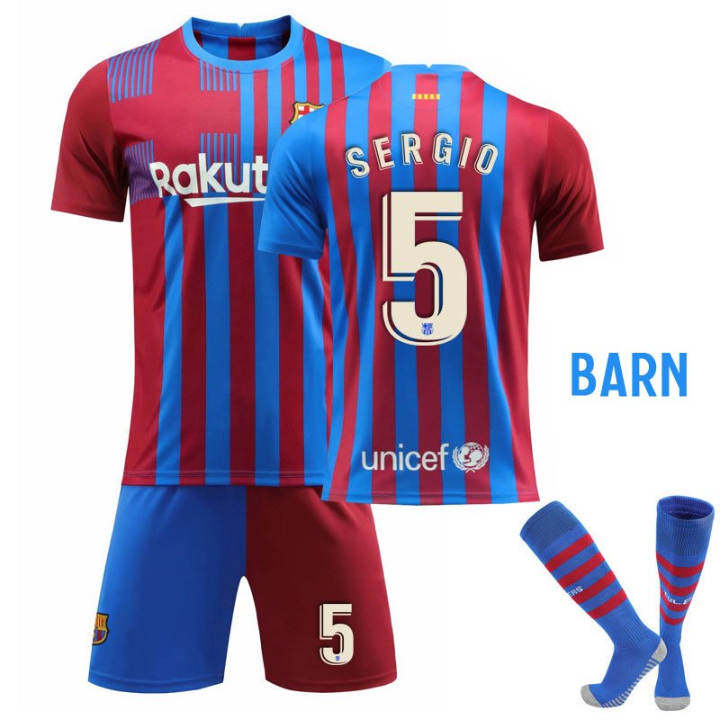 SERGIO 5 FC Barcelona Hjemmedraktsett Barn 2021-22 Kortermet + Korte bukser