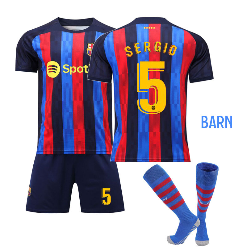 SERGIO 5 FC Barcelona Hjemmedraktsett Barn 2022-2023 Kortermet + Korte bukser