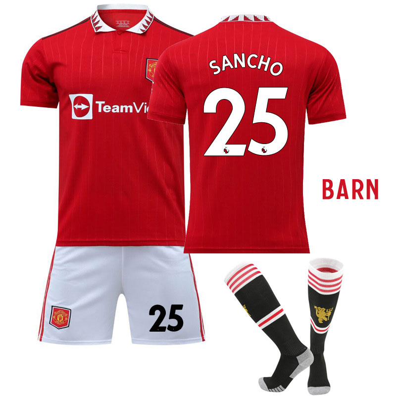 Sancho 25 Manchester United Hjemmedraktsett til barn 2022/23 Kortermet + Korte bukser