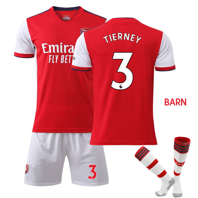 Tierney 3 Arsenal Hjemmedraktsett Barn 2021-22 Rød Kortermet + Hvit Korte bukser