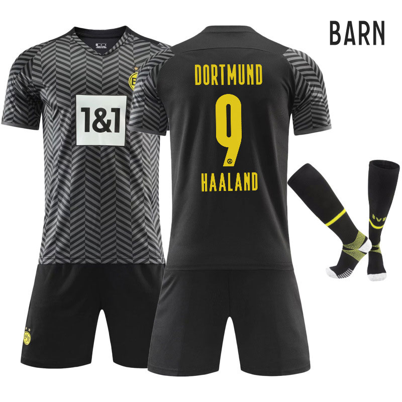 Barn BVB Borussia Dortmund Bortedrakt 2021-2022 Sort Grå Kortermet + Korte bukser Haaland 9