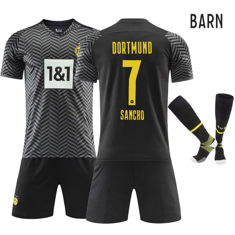 Barn BVB Borussia Dortmund Bortedrakt 2021-2022 Sort Grå Kortermet + Korte bukser Sancho 7