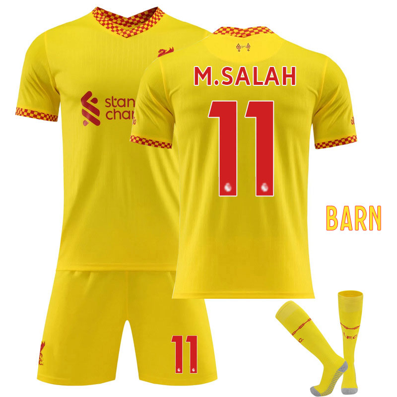 Barn Fotballdrakter M.SALAH 11 Liverpool 2021-22 Tredjedraktsett Gul Kortermet + Korte bukser