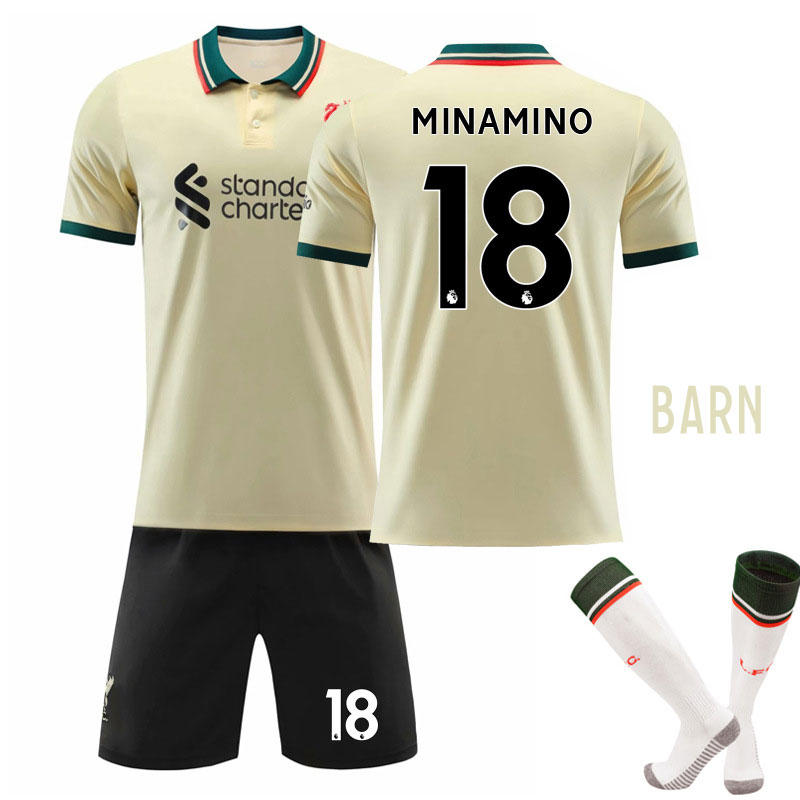 Barn Fotballdrakter Minamino 18 Liverpool Bortedraktsett 2021-22 Kortermet + Korte bukser