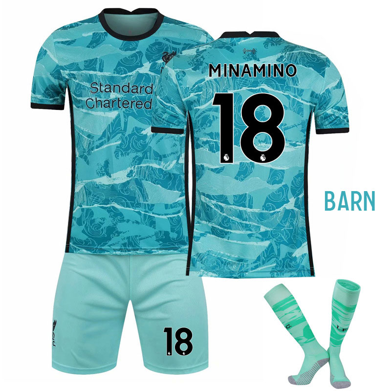Barn Liverpool Bortedrakt 2020-2021 Grønn Kortermet + Korte bukser Minamino 18