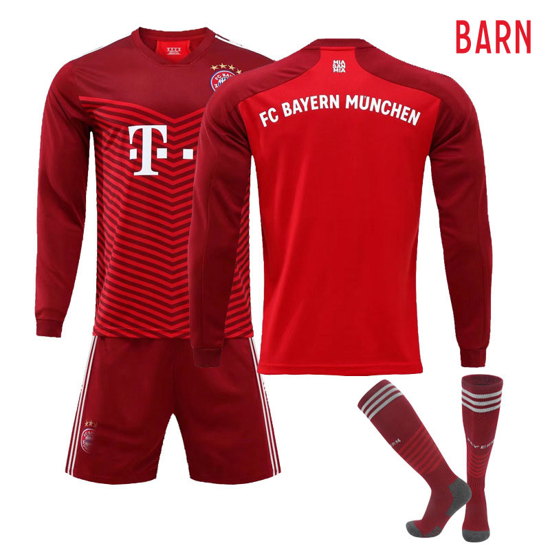 Billige Fotballdrakter FC Bayern München Hjemmedrakt 2021-2022 Barn Rød Langermet + Korte bukser