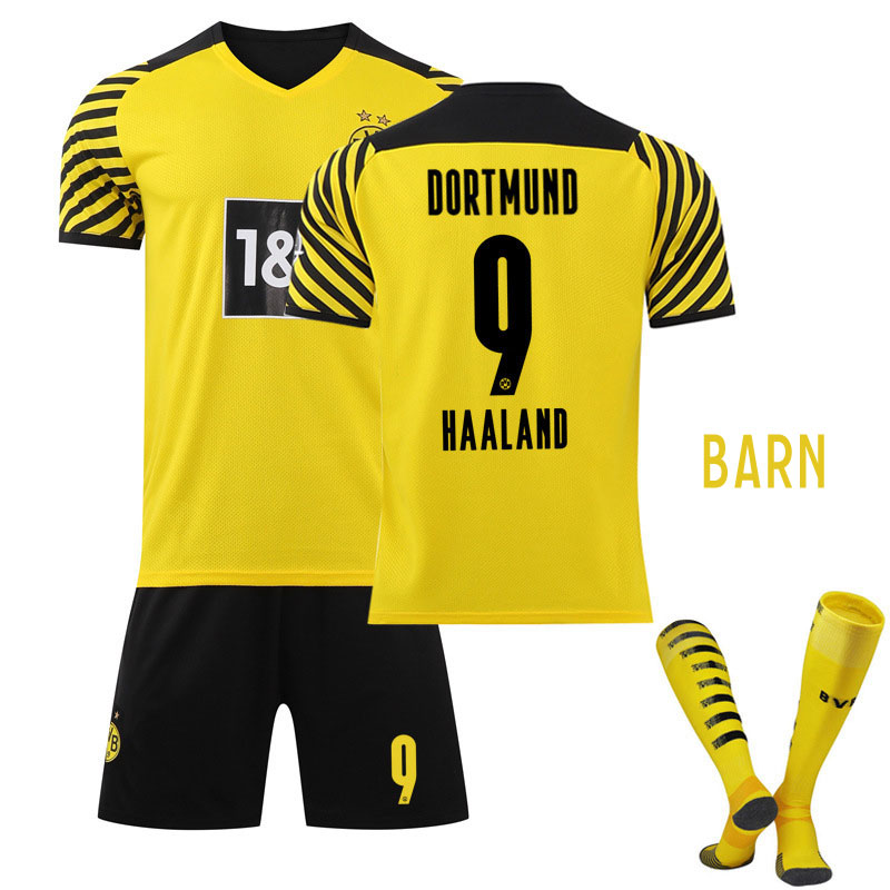 Borussia Dortmund Haaland 9 Hjemmedrakt Barn 2021-22 Gul Kortermet + Sort Korte bukser