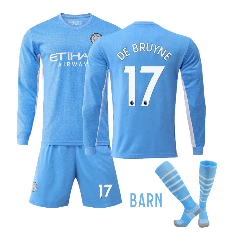 De Bruyne 17 Manchester City Hjemmedrakt 2021/22 Blå Langermet + Korte bukser Barn