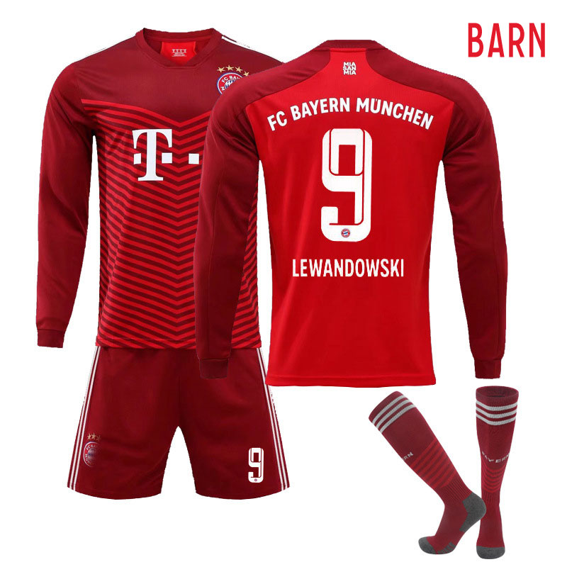 FC Bayern München Hjemmedrakt 2021-2022 Barn Rød Langermet + Korte bukser Lewandowski 9