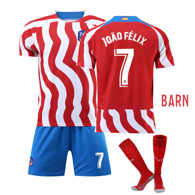 João Félix 7 Atlético Madrid Hjemmedraktsett 2022-23 Rød Hvit Kortermet + Blå Korte bukser til Barn