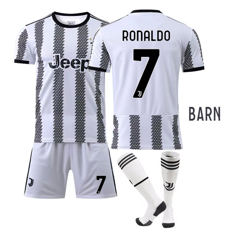 Ronaldo 7 Juventus Hjemmedrakt 2022-2023 Hvit Sort Kortermet + Korte bukser til Barn