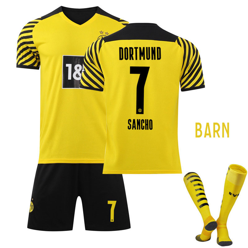 Sancho 7 Borussia Dortmund Hjemmedrakt Barn 2021-22 Gul Kortermet + Sort Korte bukser