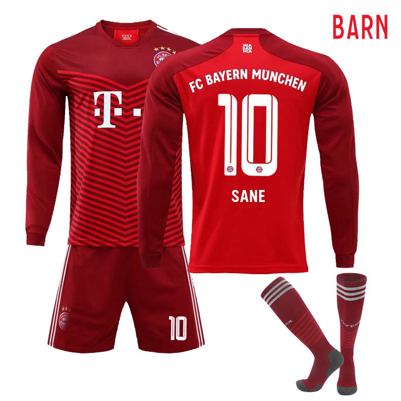 Sané 10 FC Bayern München Hjemmedrakt 2021-2022 Barn Rød Langermet + Korte bukser