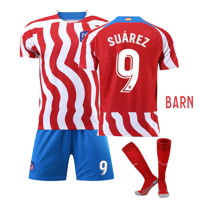 Suárez 9 Atlético Madrid Hjemmedraktsett 2022-23 Rød Hvit Kortermet + Blå Korte bukser til Barn