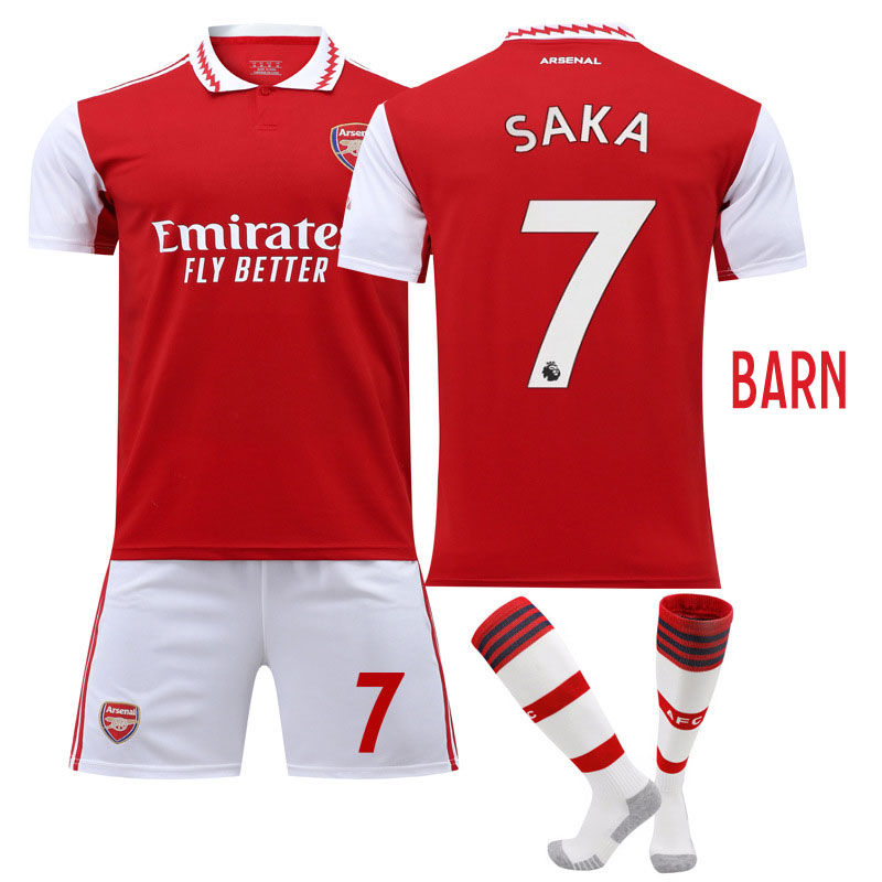 Barn Arsenal FC Hjemmedrakt 2022/23 Rød Kortermet + Hvit Korte bukser Saka #7