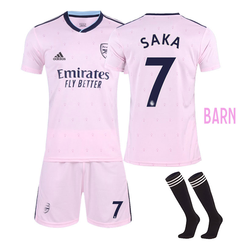 Barn Arsenal Tredjedrakt 2022/23 Rosa Kortermet + Korte bukser Saka #7