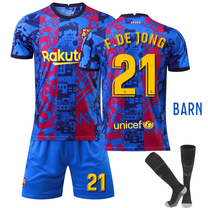 Barn FC Barcelona 202122 Blå Rose Tredjedrakt Kortermet + Korte bukser F.DE JONG 21