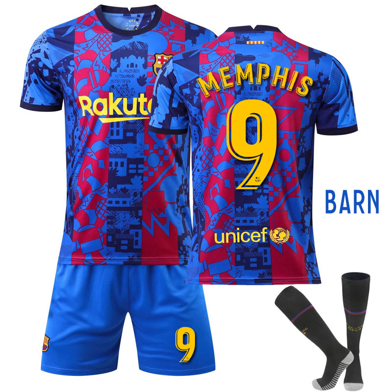 Barn FC Barcelona Blå Rose Tredjedrakt Kortermet + Korte bukser Memphis 9