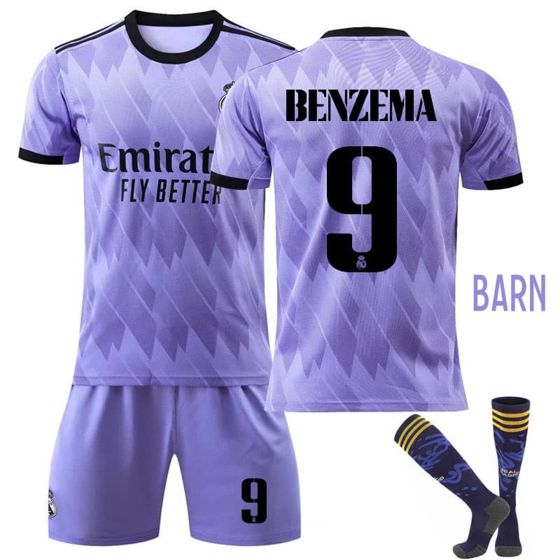 Benzema 9 Real Madrid Bortedraktsett 2022-2023 Barn Lilla Kortermet + Korte bukser