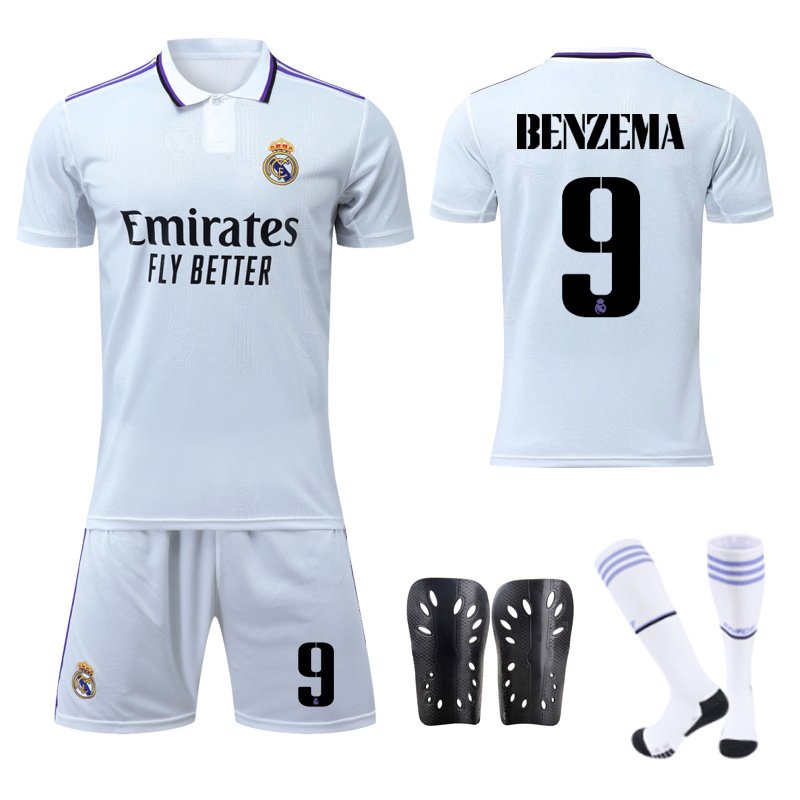 Benzema 9 Real Madrid Hjemmedrakt 2022-2023 Hvit Lilla Kortermet + Korte bukser