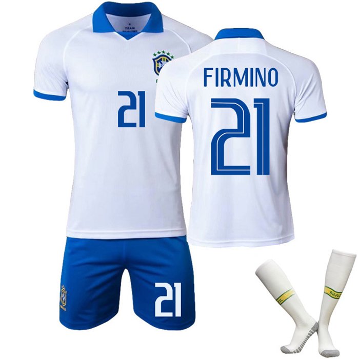 Brasil Bortedrakt 201920 Hvit Kortermet + Blå Korte bukser Firmino #21