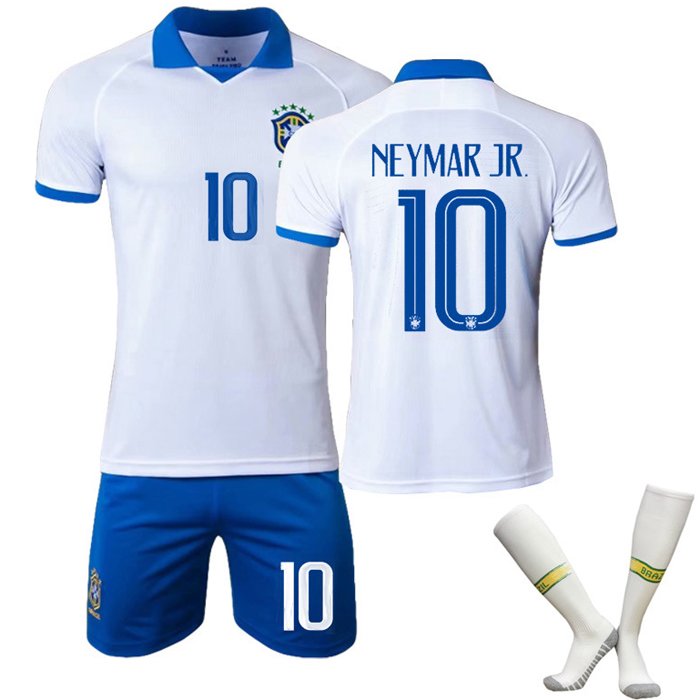 Brasil Bortedrakt 201920 Hvit Kortermet + Blå Korte bukser Neymar JR 10