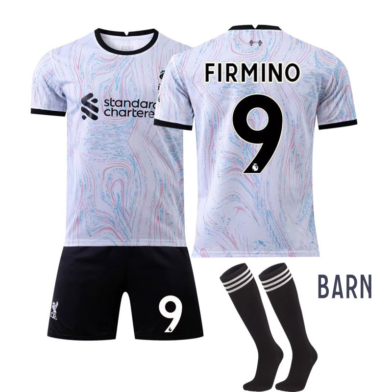 Firmino 9 FC Liverpool 2022-2023 Barn Bortedrakt Hvit Kortermet + Sort Korte bukser