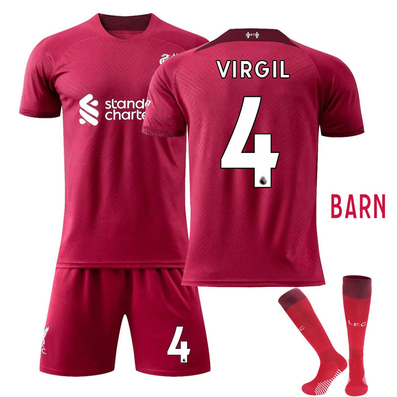 Fotballdrakter Liverpool 2022-23 Barn Hjemmedrakt Burgunder Kortermet + Korte bukser VIRGIL 4