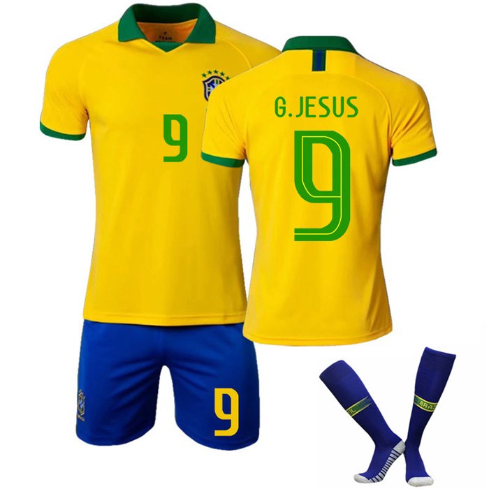 G.Jesus #9 Brasil Hjemmedrakt 2019-2020 Gul Kortermet + Blå Korte bukser