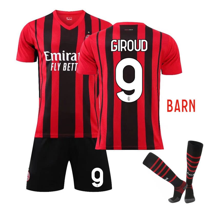 Giroud #9 AC Milan Rød Sort Hjemmedrakt 202122 Barn Kortermet + Korte bukser