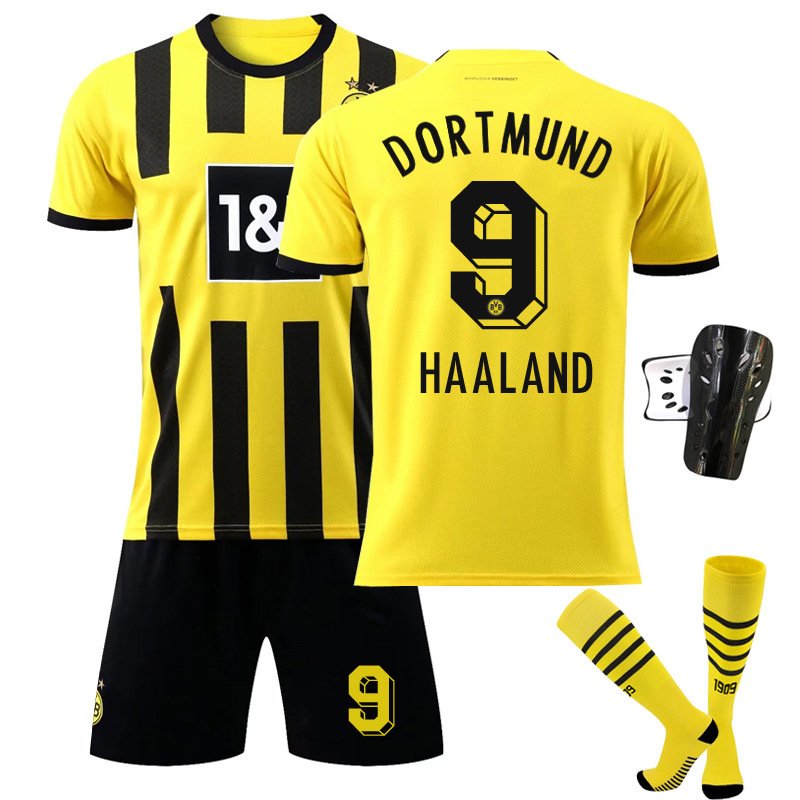 Haaland 9 Dortmund Hjemmedrakt 2022-23 Gul Kortermet + Sort Korte bukser Herre