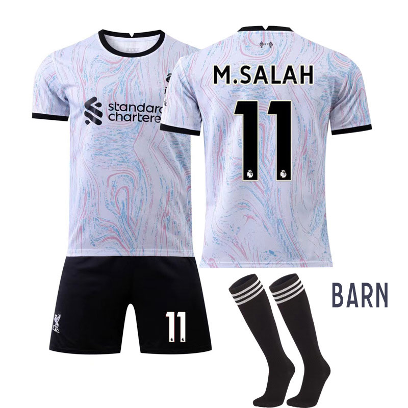M.SALAH 11 FC Liverpool 2022-2023 Barn Bortedrakt Hvit Kortermet + Sort Korte bukser