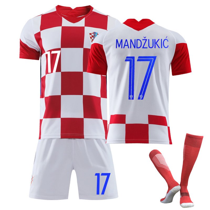 Mandžukić #17 Kroatia Hjemmedrakt EM 2021 Hvit Rød Kortermet + Hvit Korte bukser