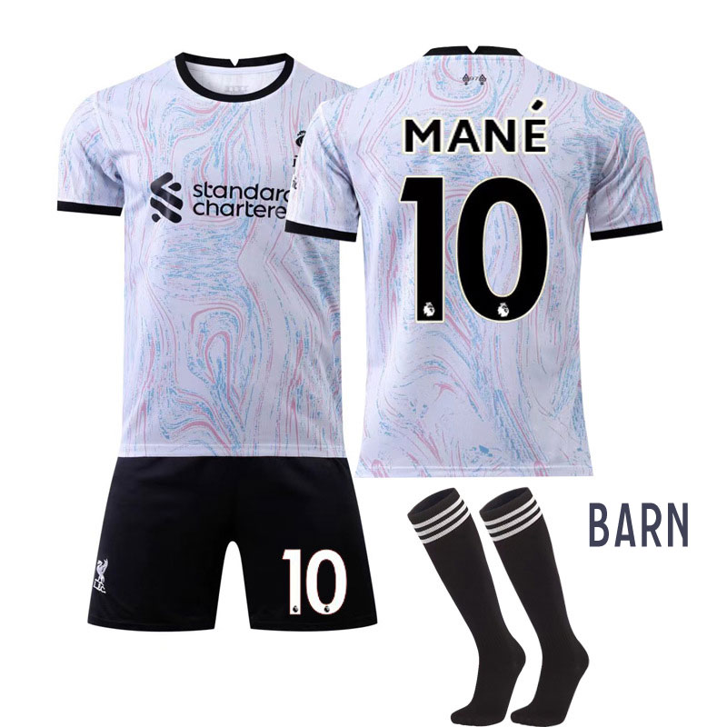 Mané 10 FC Liverpool 2022-2023 Barn Bortedrakt Hvit Kortermet + Sort Korte bukser